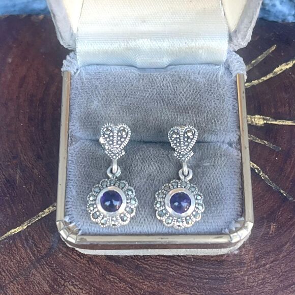 Vintage Amethyst Earrings with Marcasite in Sterling Silver - Picture 1 of 7